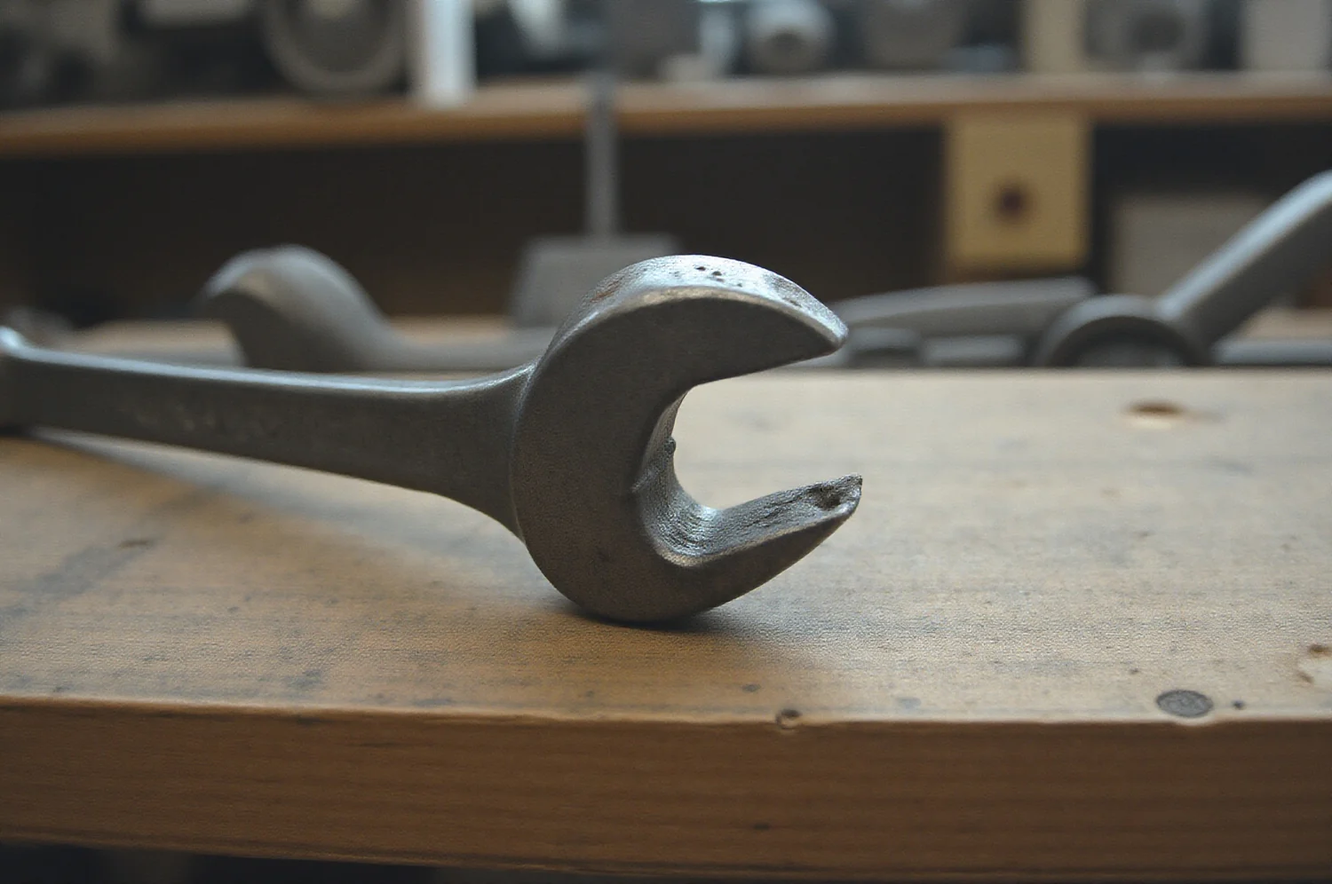 The open jaw of a single spanner on a worn wooden bench
