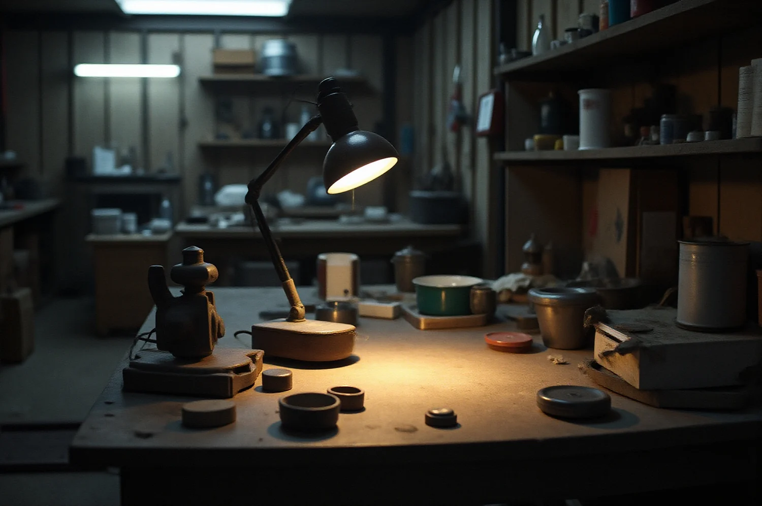 A work lamp lighting a workbench in a dim shed
