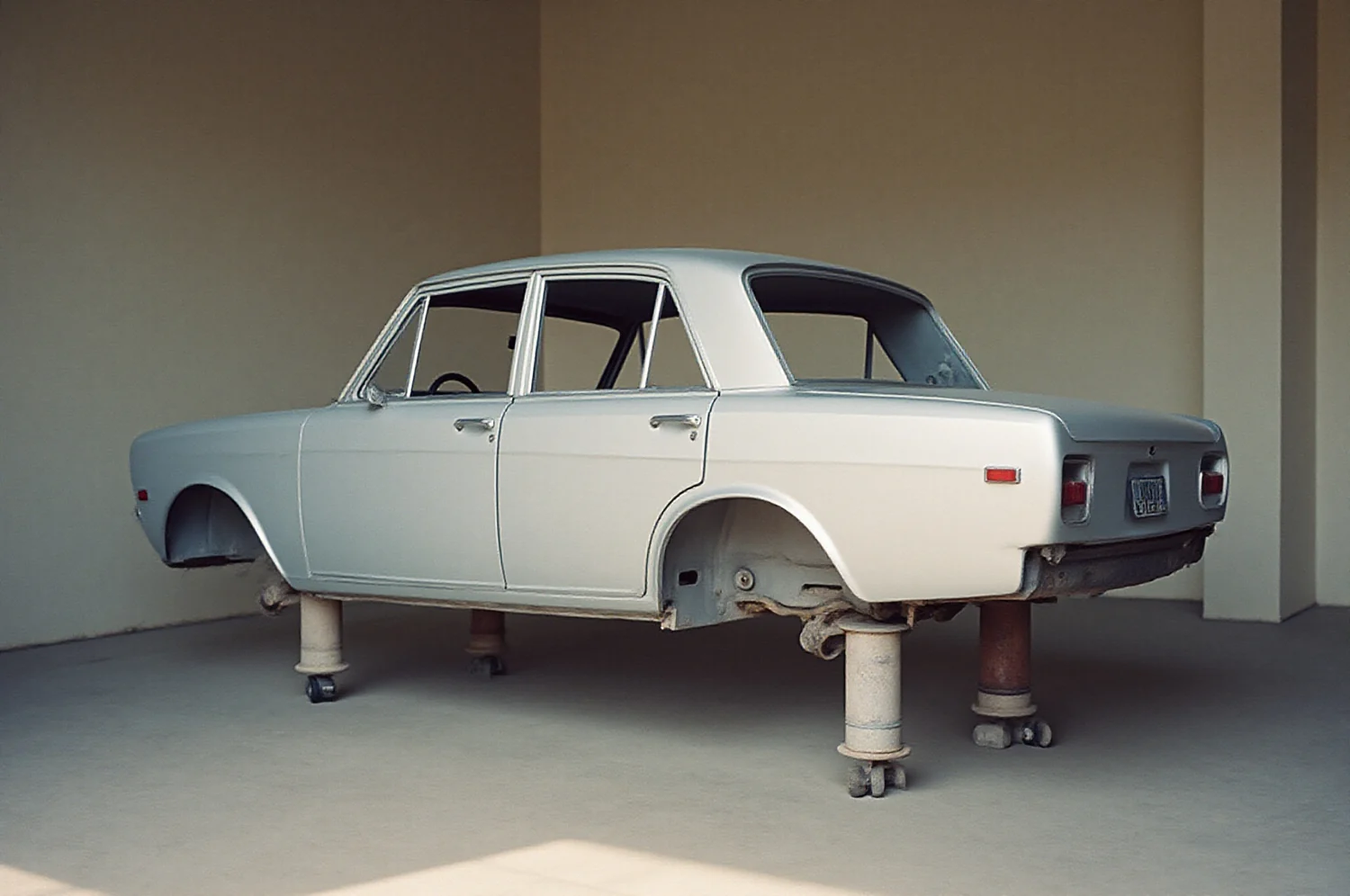 A bare metal car body shell on stands inside a workshop, lit warmly from one side