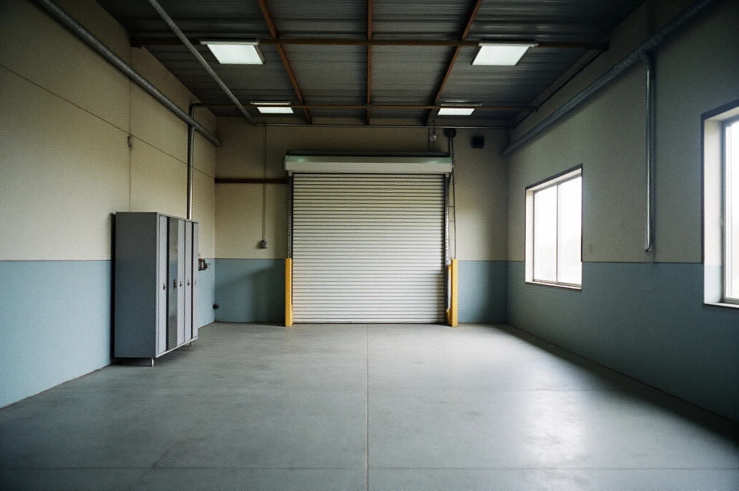 An empty workshop bay with a lift and a concrete floor